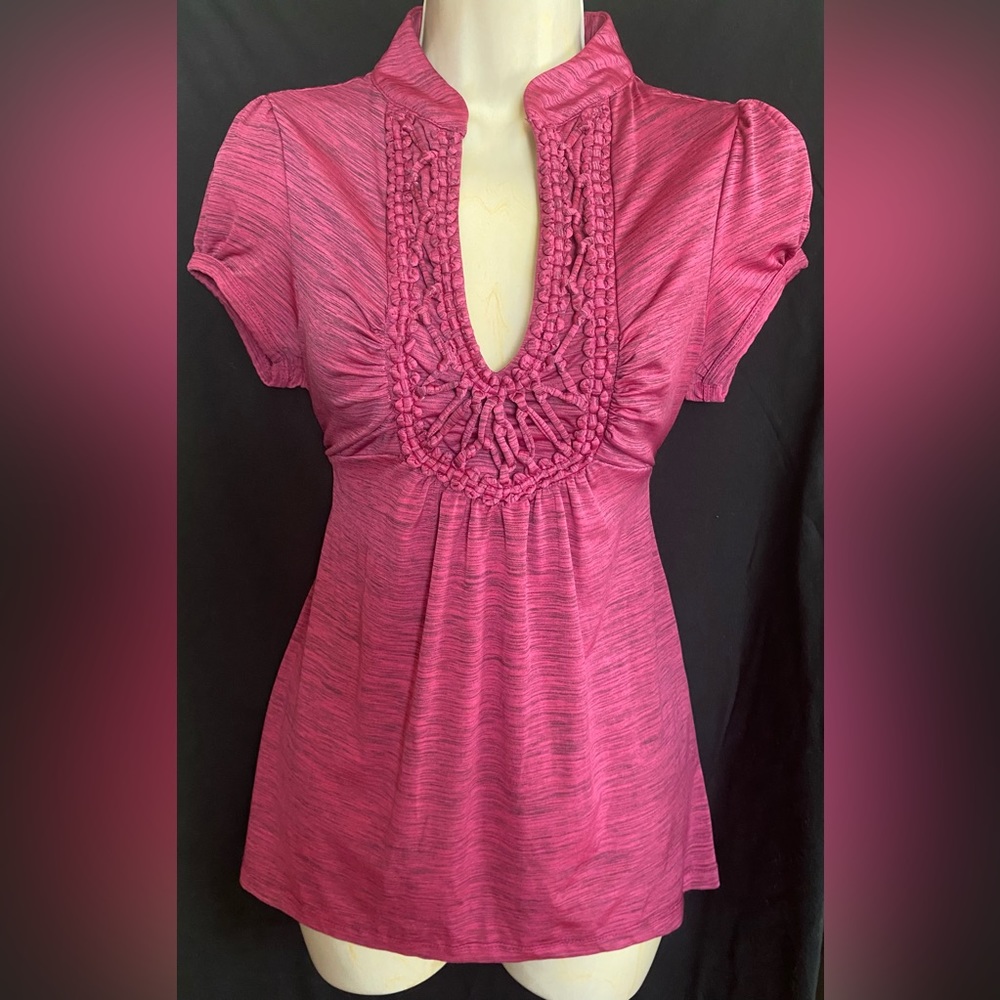 Vintage Fuchsia and black babydoll top with tie in back, Sz. Lg, gently used